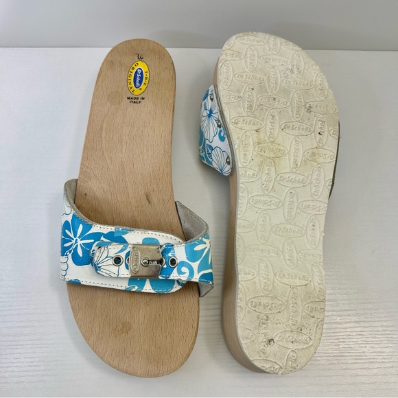 Dr Scholl’s Vintage Blue & White Hawaiian Hibiscus Silver Buckle Sandal Size 10 - Picture 7 of 14